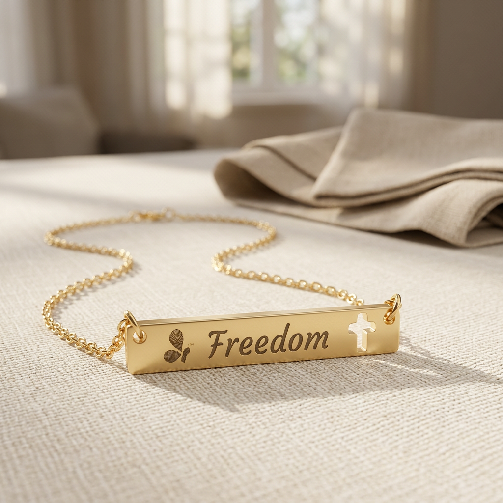 A gold necklace with a rectangular pendant engraved with the word 'Freedom,' a small butterfly, and a cross symbol, resting on a beige fabric surface with a folded cloth nearby, in front of a window with blurred curtains and greenery outside.