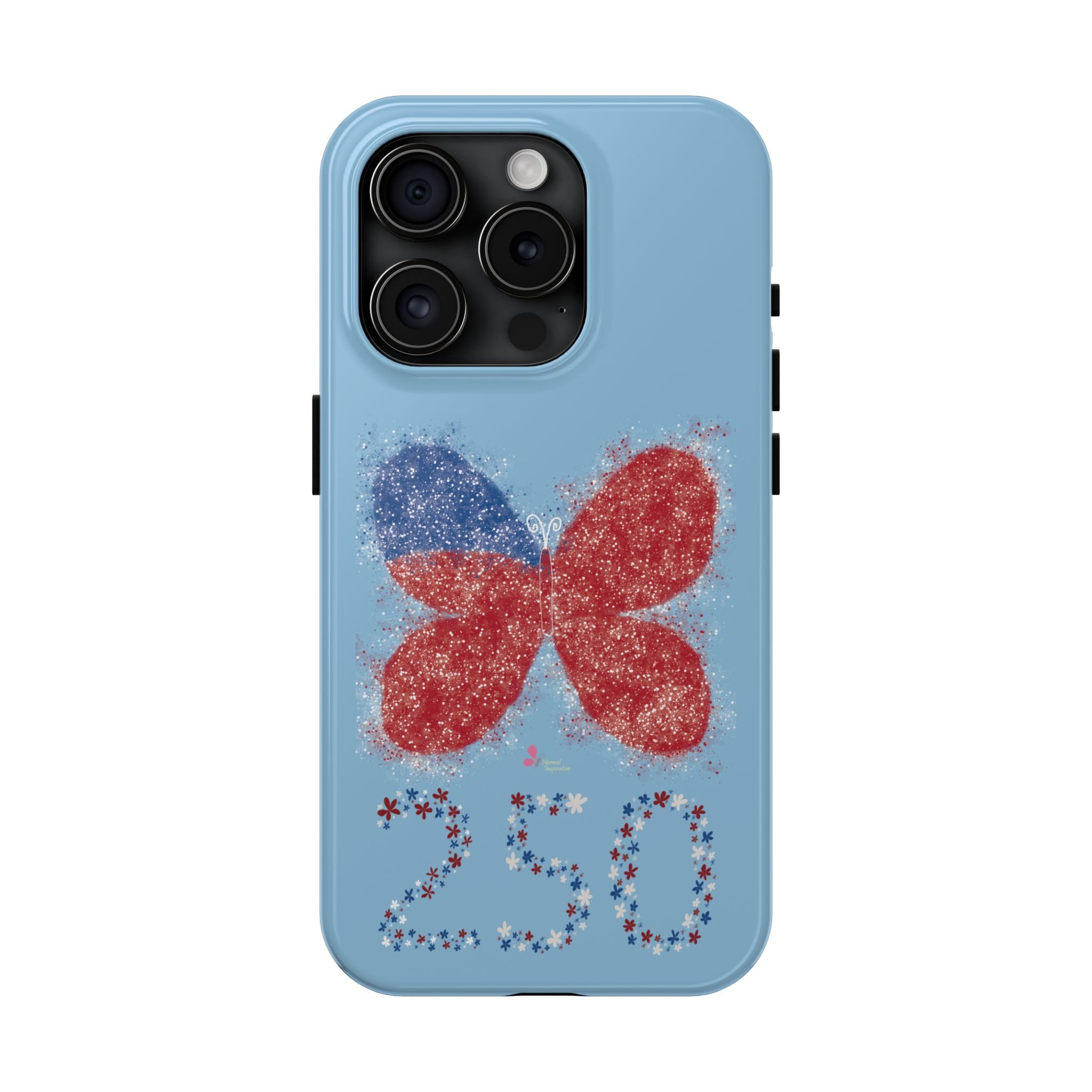 A light blue smartphone with a triple camera system and colorful floral and heart-shaped designs on the back.