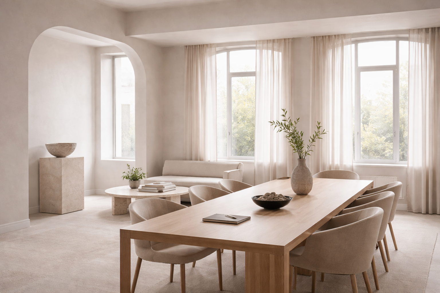 Minimalist, light-filled office interior with natural materials, soft textures, and a large communal table.