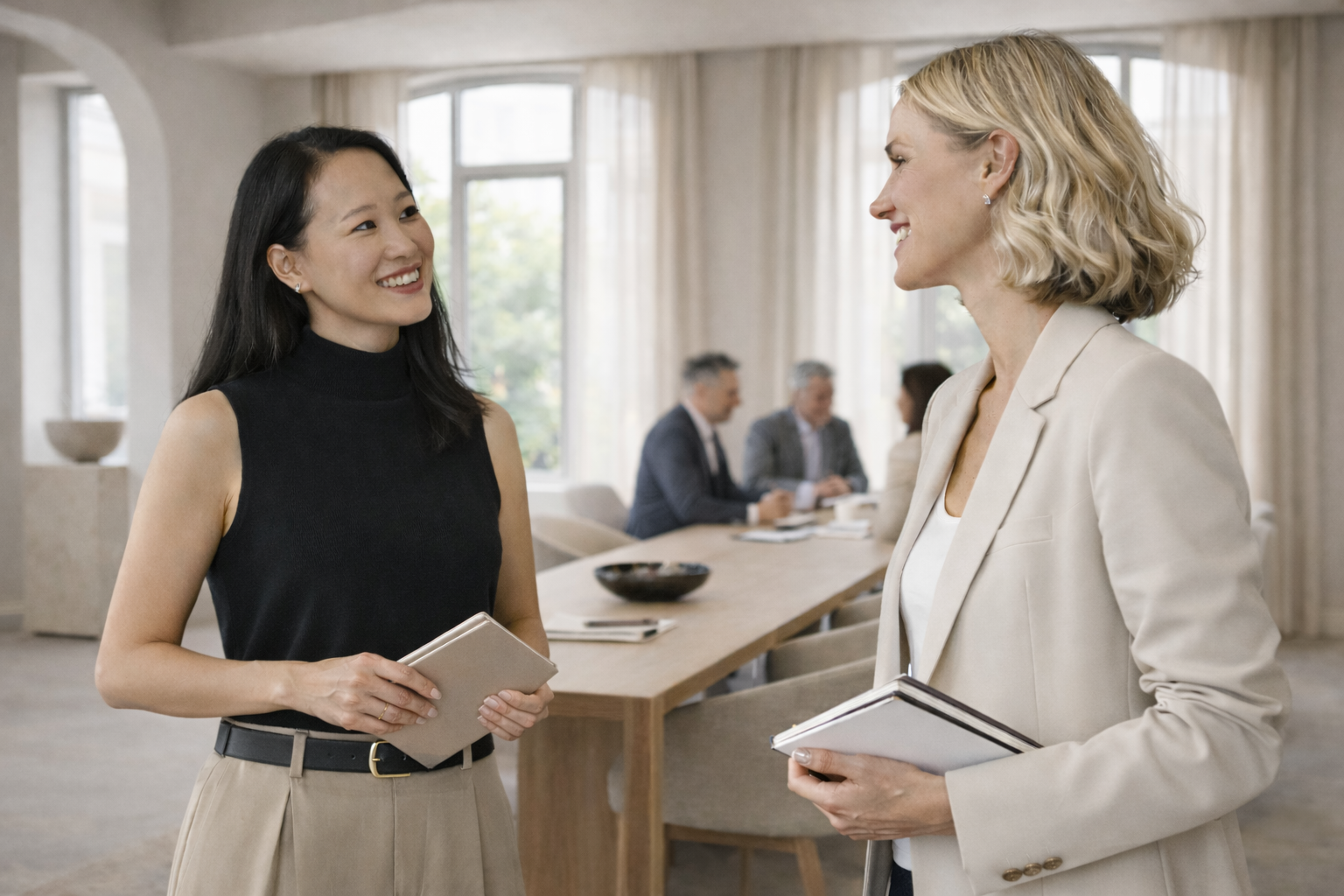 Two professional women in conversation in a modern, light-filled office, holding notebooks during a meeting break.