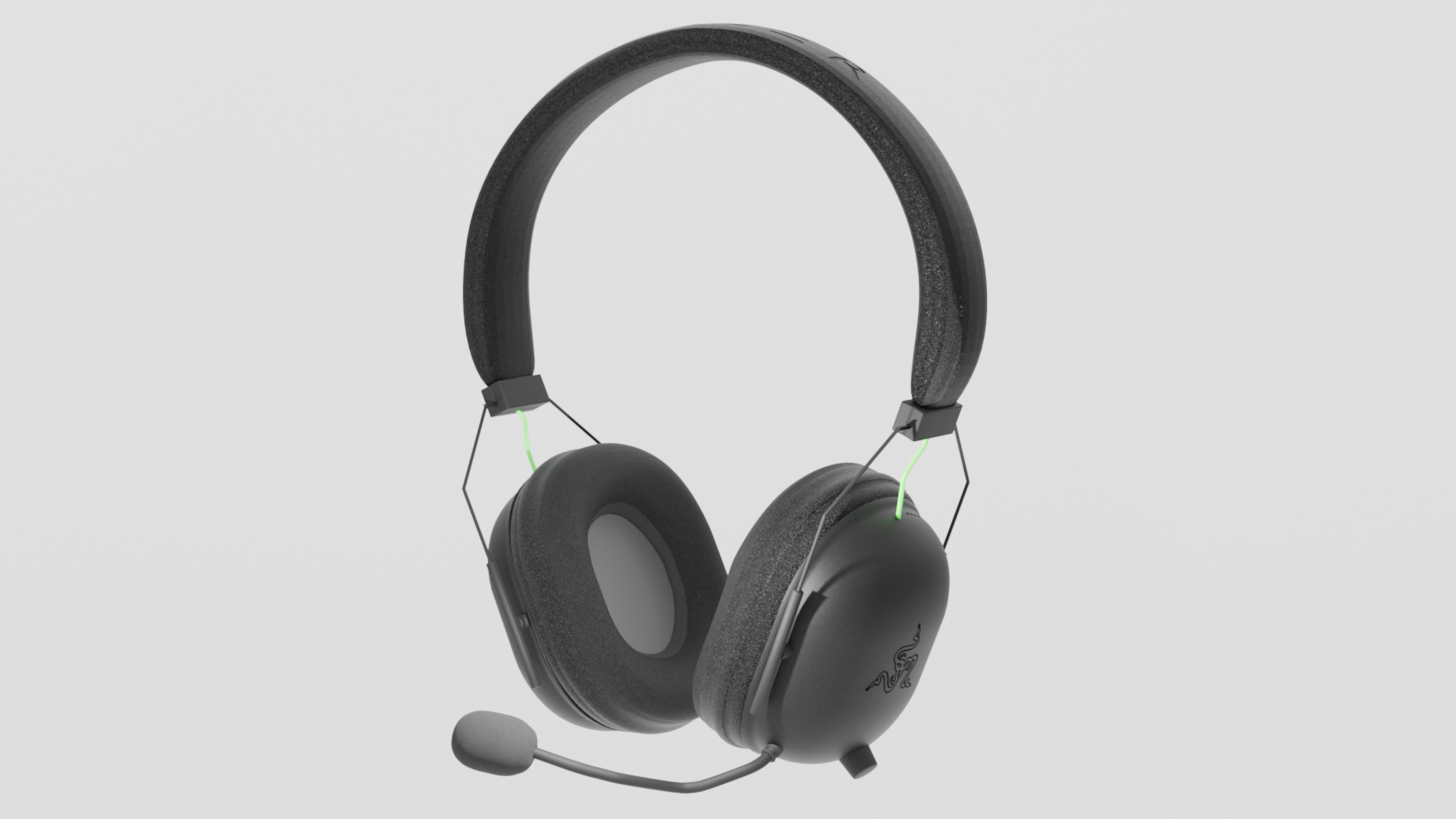Black gaming headset with a built-in microphone, green LED accents, and a cushioned headband, against a light gray background.