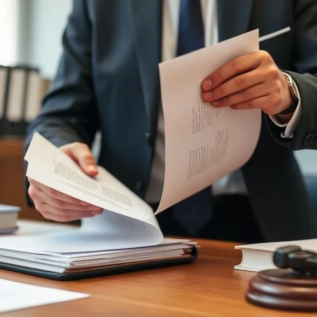 Person in business suit organizing papers on a wooden desk.