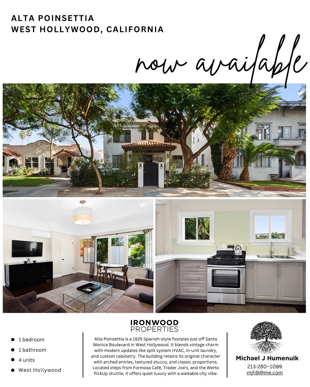 Just off Santa Monica Boulevard in West Hollywood, Alta Poinsettia is a 1925 Spanish-style fourplex that balances vintage character with present-day convenience. While not officially designated historic, the building retains key period details &mdash