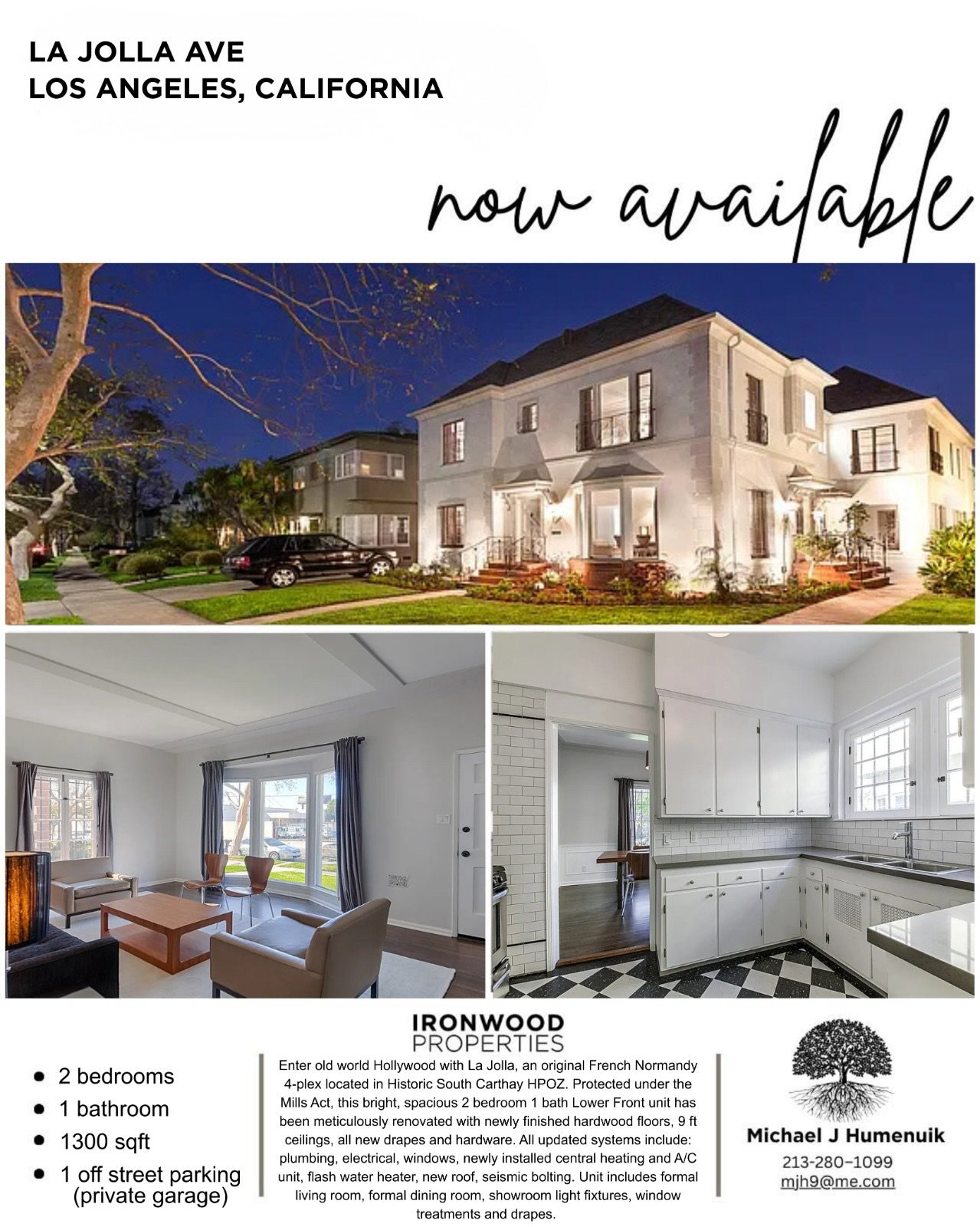 🏡 NOW AVAILABLE | La Jolla Ave, Los Angeles, CA

Step into old-world Hollywood charm at La Jolla &mdash; an original French Normandy 4-plex located in the highly desirable Historic South Carthay HPOZ.

This beautifully renovated 2 Bedroom | 1 Bathro