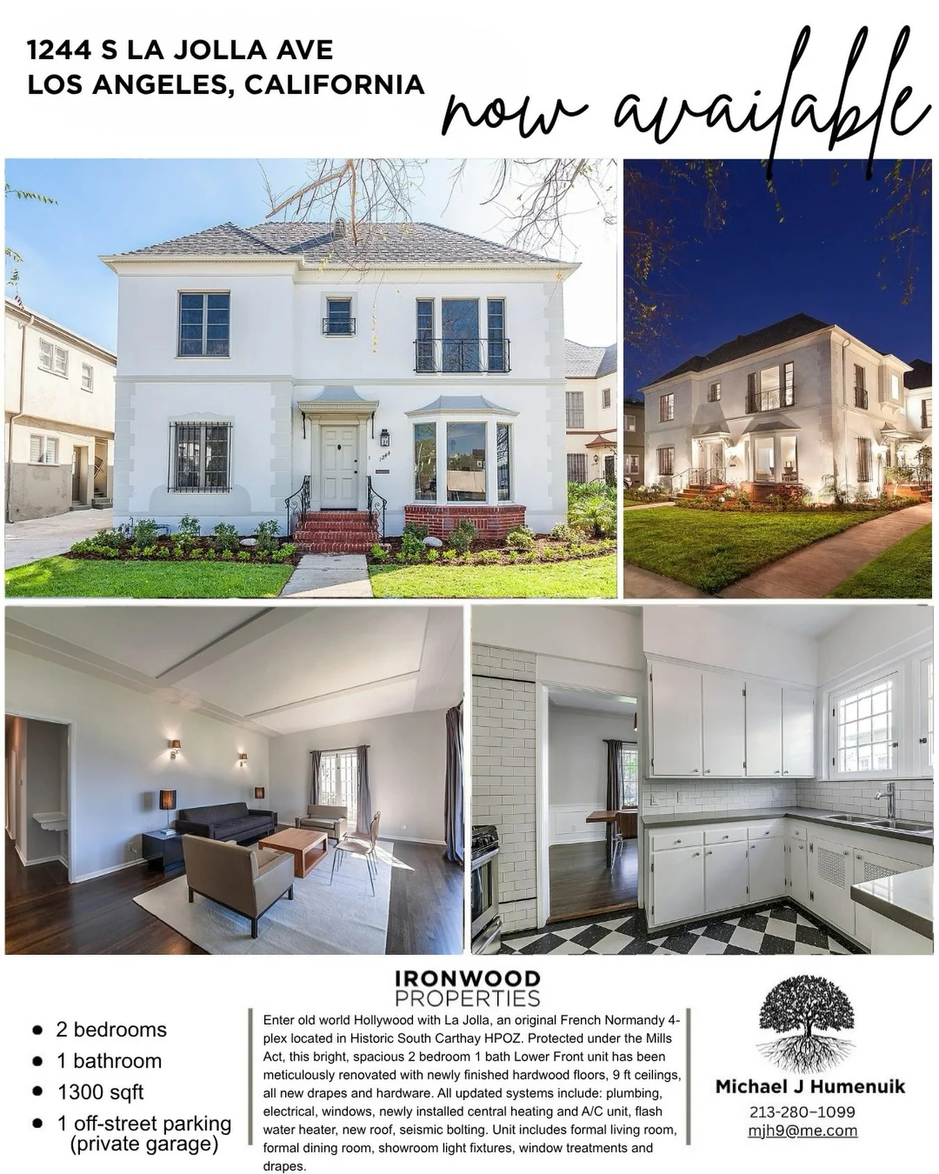 ✨ Welcome to 1244 South La Jolla Avenue ✨
Now available for lease in the heart of Los Angeles.

A timeless 1943 French Normandy-style residence that beautifully blends historic charm with modern functionality.
Step inside to sunlit interiors, origina