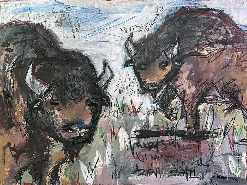 “Do You Remember The Bison?” 40 x 30 x 1.5 inches  acrylic & mixed media on canvas (2025)
