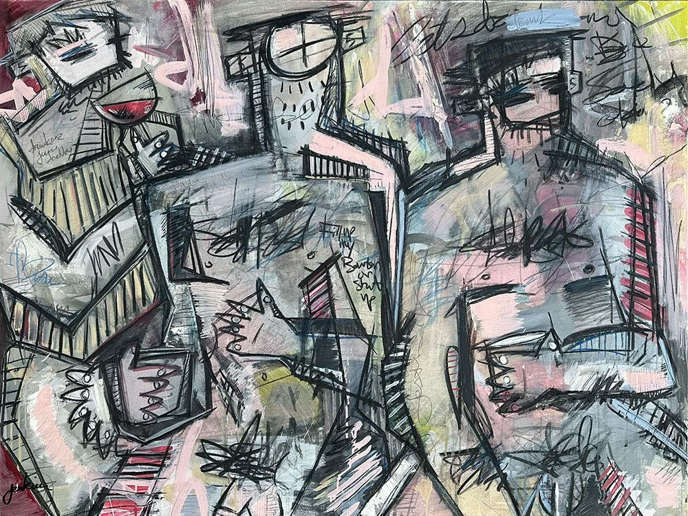 A painting entitled "Fading Inhibitions" by artist Joshua Jenkins (Louisville, KY). Portrait of three abstract male figures, half naked and drinking alcohol.