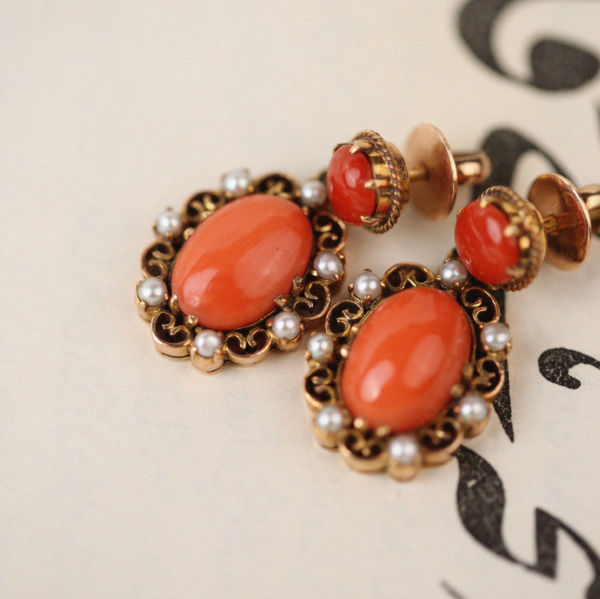 Coral and Pearls — Drop Earrings