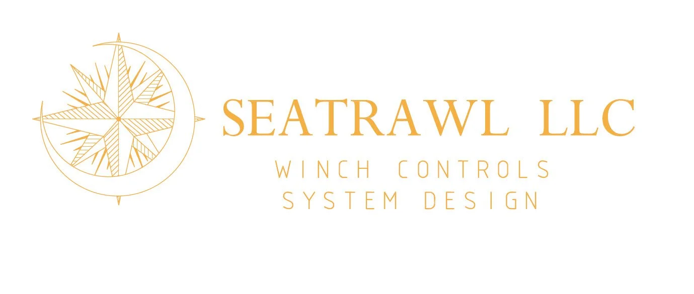 Company logo for SEATRAWL LLC featuring a gold compass icon and text about winch controls system design.