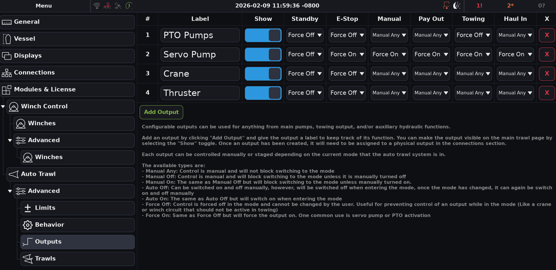 A computer screen displaying a schematic interface for controlling hydraulic or robotic systems, including sections for vessel, displays, connections, modules, winch control, auto trawl, and advanced settings. The main area lists outputs such as PTO Pumps, Servo Pump, Crane, and Thruster, with toggle switches, dropdowns for settings, and a detailed explanation of auto trawl control modes.