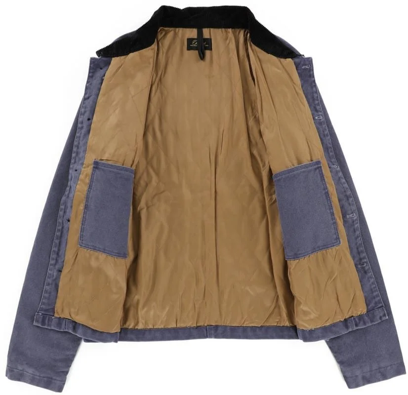 Insulated Chore Jacket Lining Detail - Quilted satin with 2 inside pockets. Generously-sized hanging loop @ colllar.