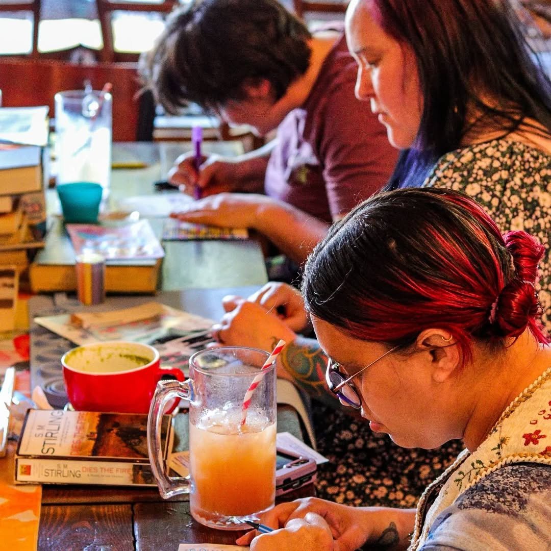 Our second Lilypad gathering at Poncho's in Langford today went really well! Delicious food, drinks, and good laughs had by all as we made black-out poetry from some old books. Once we had all made one or two poems we took turns to read them to each