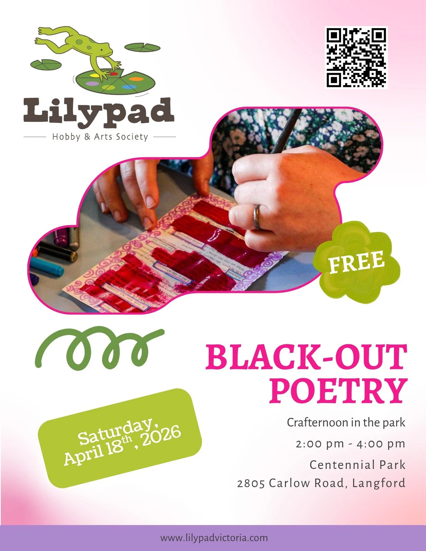 Join the Lilypad for some black-out poetry in Centennial Park!

If you've never done black-out poetry before, you're in for a treat. Part word puzzle, part doodling, part upcycling, black-out poetry is a craft in which you take a page from an old boo