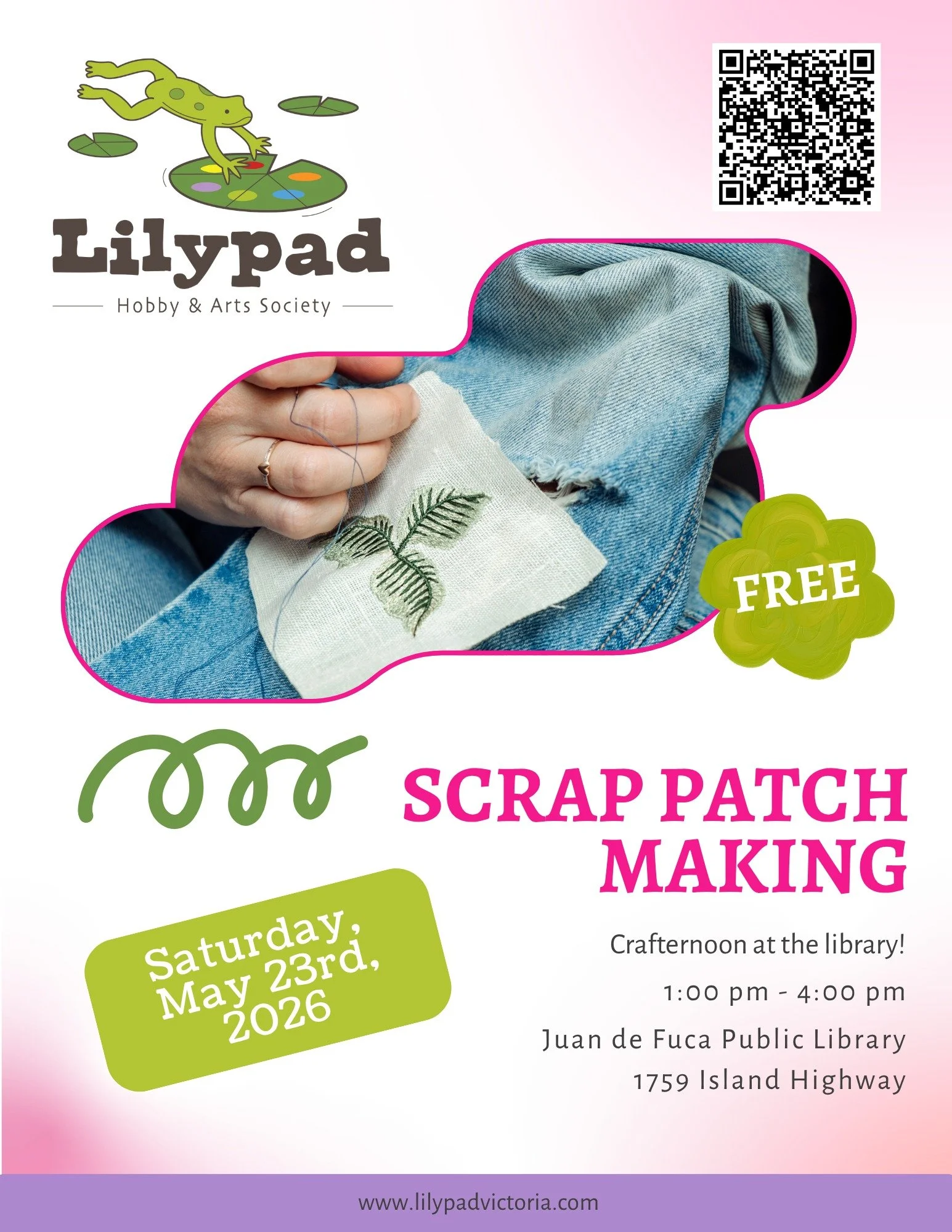 Join us for our next #crafternoon at the GVPL Juan de Fuca Public Library branch on May 23rd! We will be hand sewing and embroidering scraps of fabric to make fun and colourful patches to customize our clothing and bags! As always, art supplies, snac