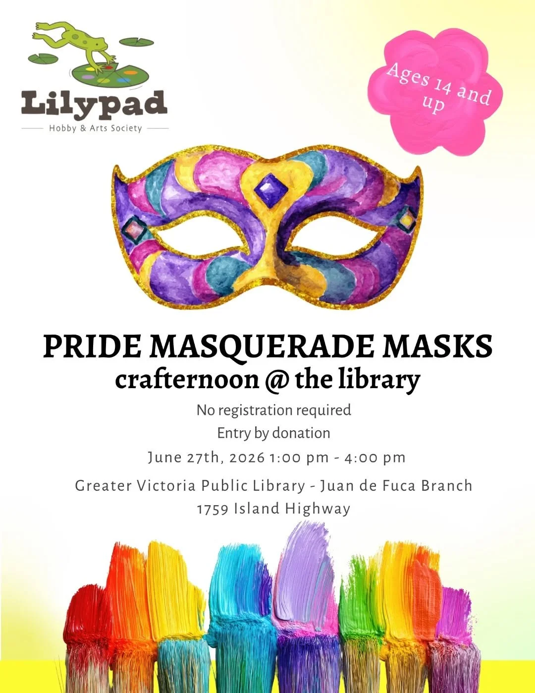 Announcing our next crafternoon! Come join us and decorate your own masquerade mask just in time to party at Victoria Pride Festival in July. 

When: June 27th, 1-4pm 
Where: Greater Victoria Public Library, Juan de Fuca Branch

As always, food and d