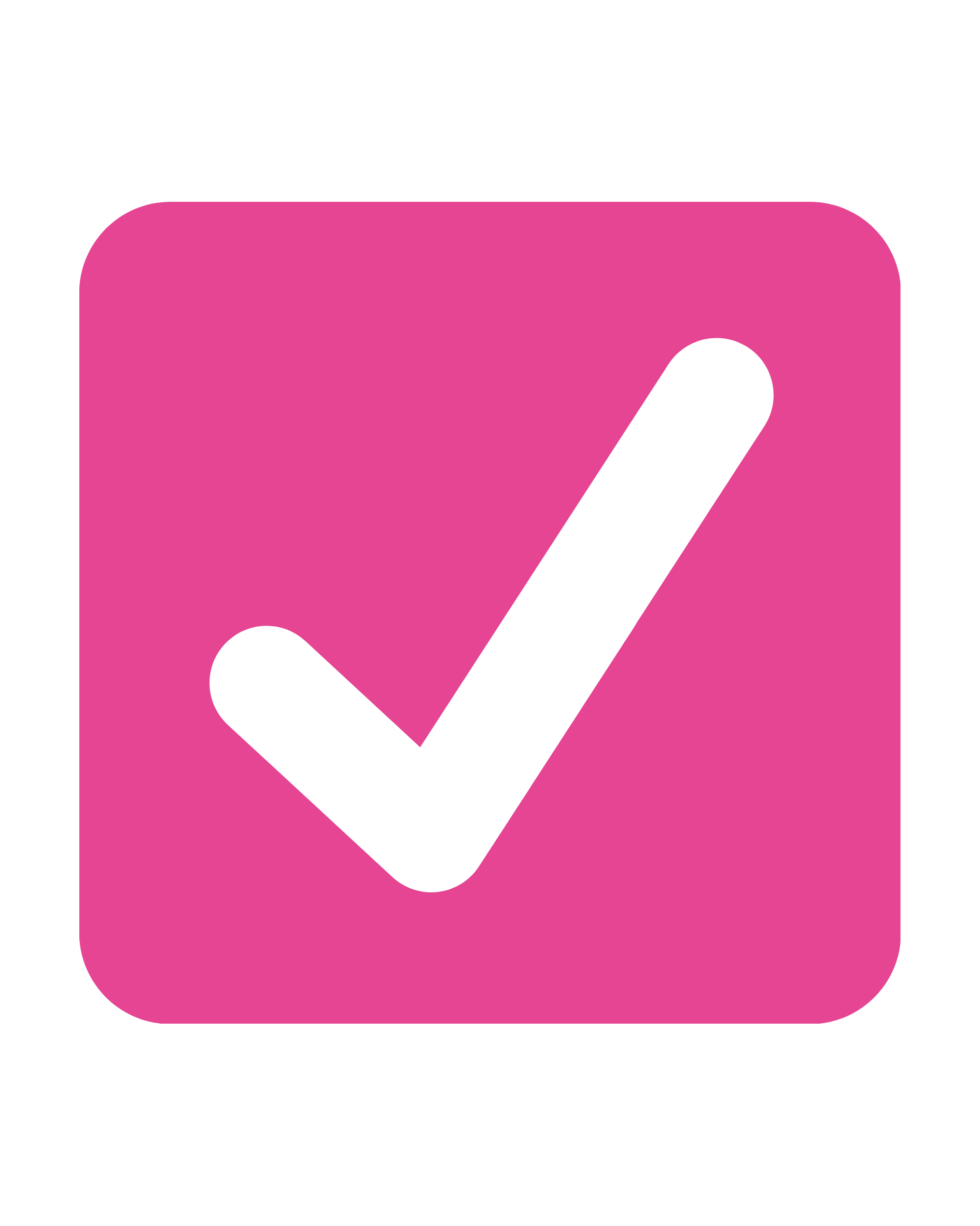 Pink square with rounded corners featuring a large white check mark in the center.
