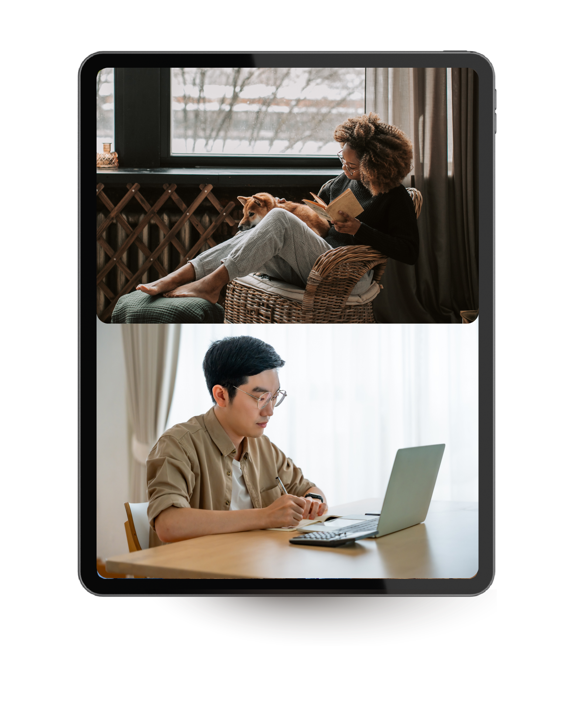 A woman with curly hair and glasses reading a book while sitting in a wicker chair by a window, with a dog resting on her lap. Inside, a table with a laptop and a calculator is visible.