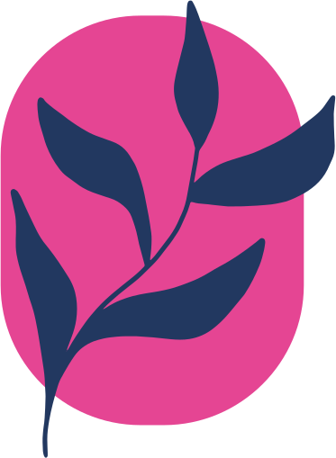 A stylized illustration of a blue plant with leaves, set against a pink oval background.