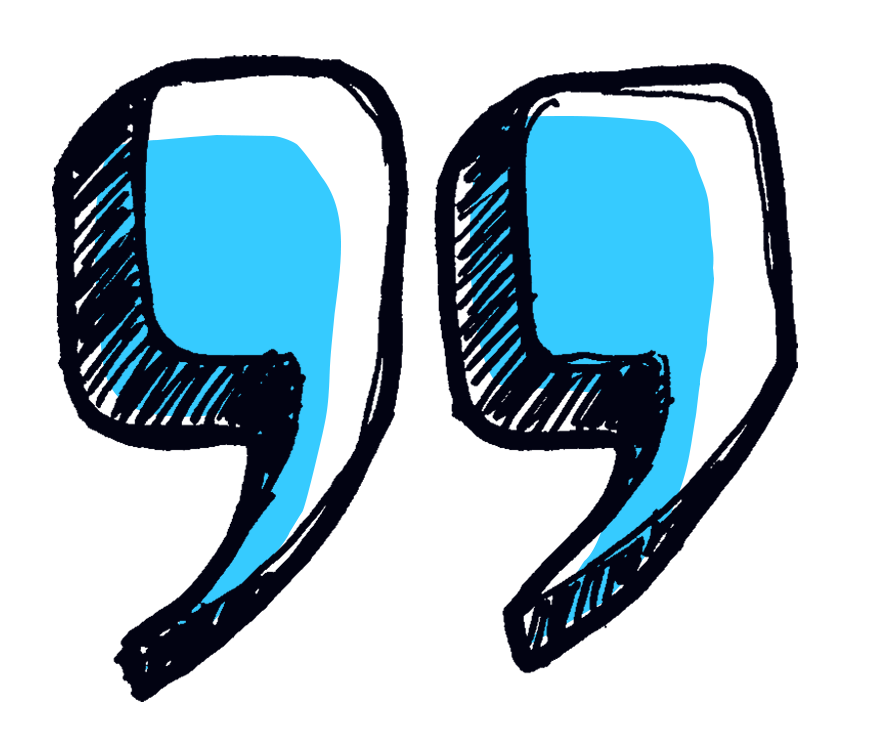 Hand-drawn illustration of a broken or separated quotation mark, featuring black outlines and filled with light blue color.
