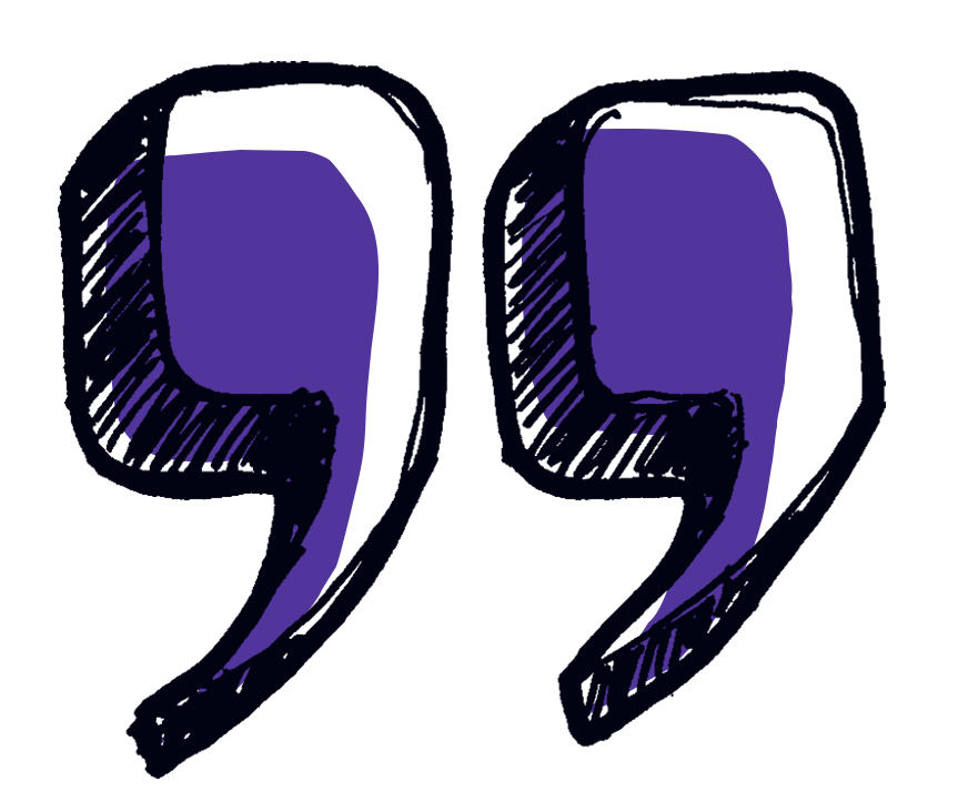 A hand-drawn illustration of a purple comma with black outlines and shading.