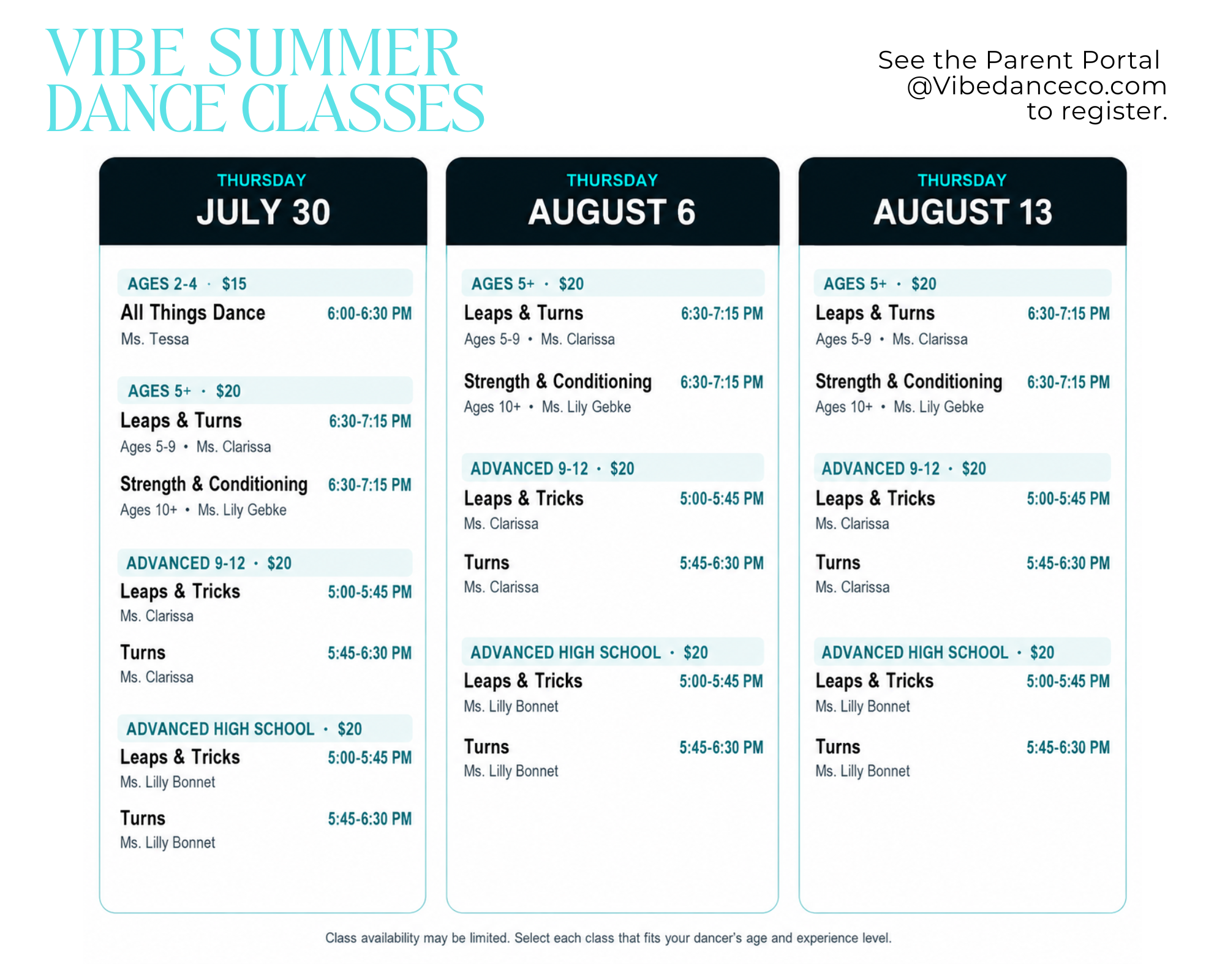 Schedule poster for Vibe Summer Dance Classes, listing dates, class levels, times, and instructors for June through August, with registration instructions.