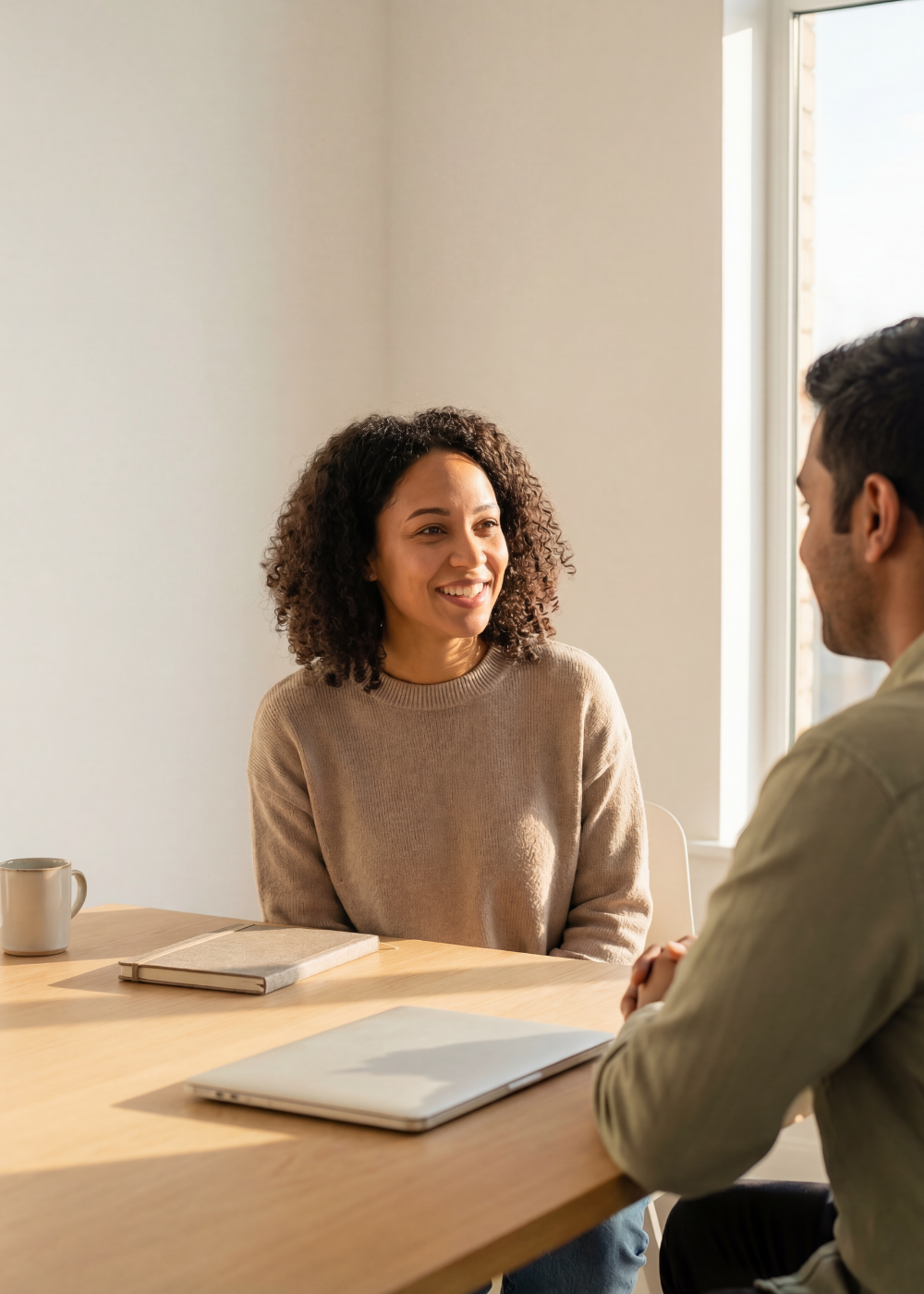 A woman and a man having a conversation at a meeting table with a laptop and notebooks, bright natural light coming from a nearby window.