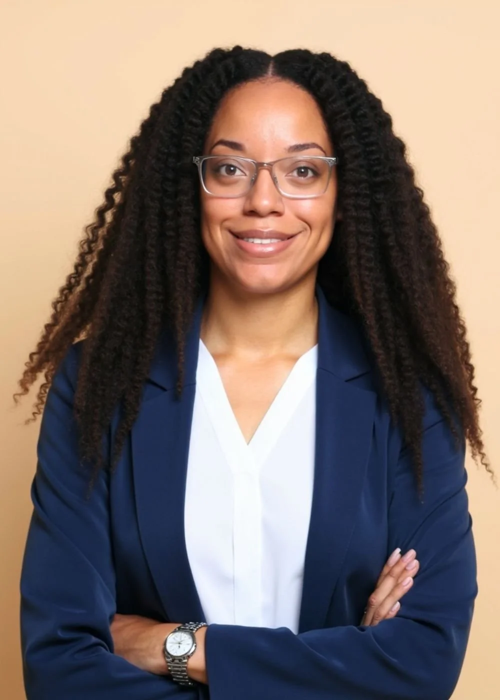 Professional Afro-Caribbean woman with glasses, curly hair, wearing a navy blazer over a white blouse, standing against a beige background.