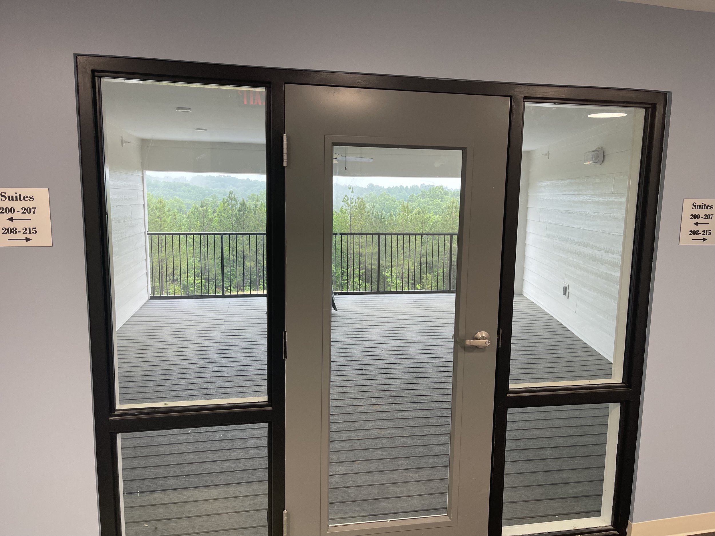 Door with glass panels leading to a balcony with a black railing overlooking a green forested landscape.