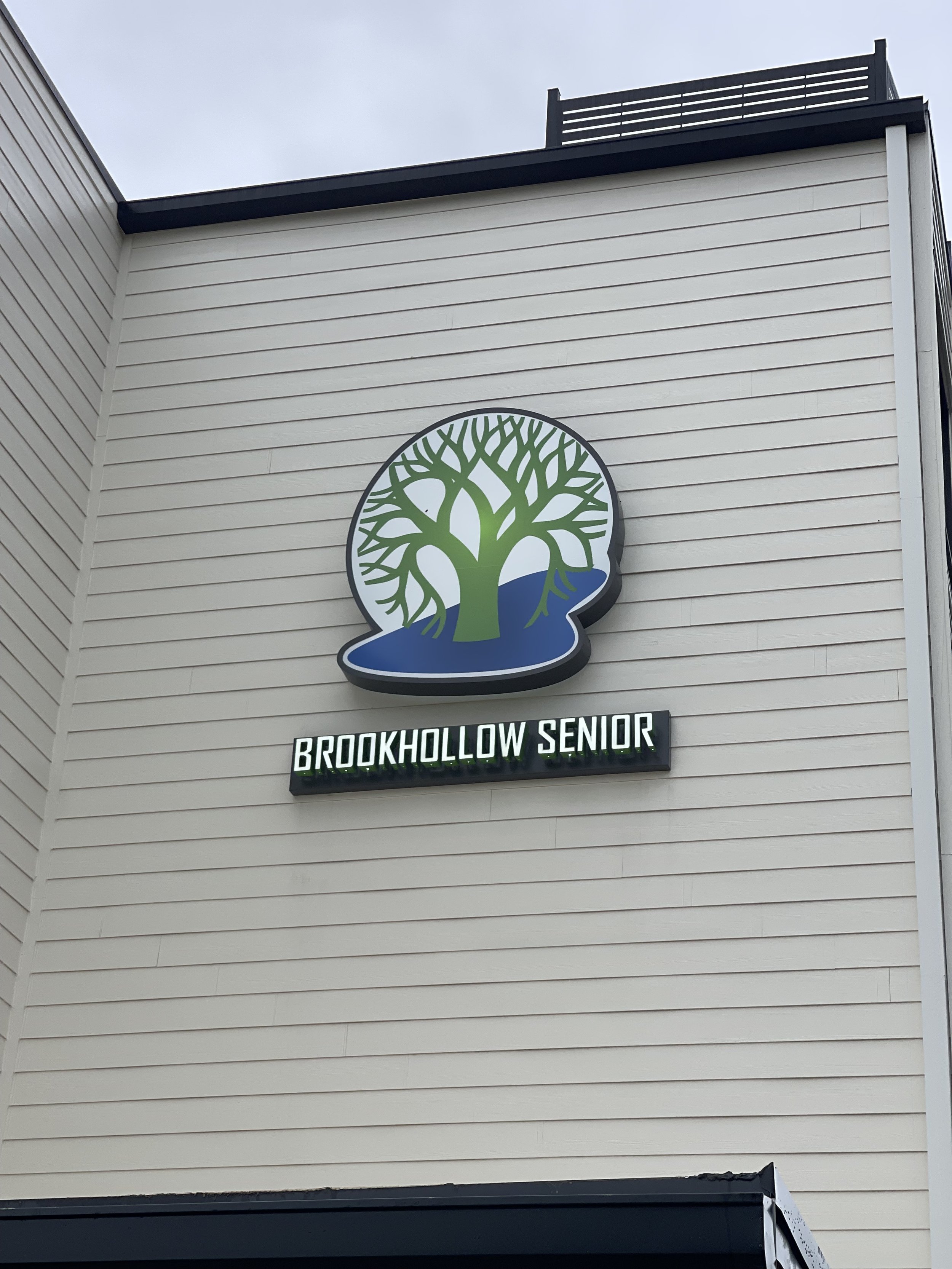 Sign on the side of a building featuring a tree with green branches and roots, with water at the base, labeled 'Brookhollow Senior'.