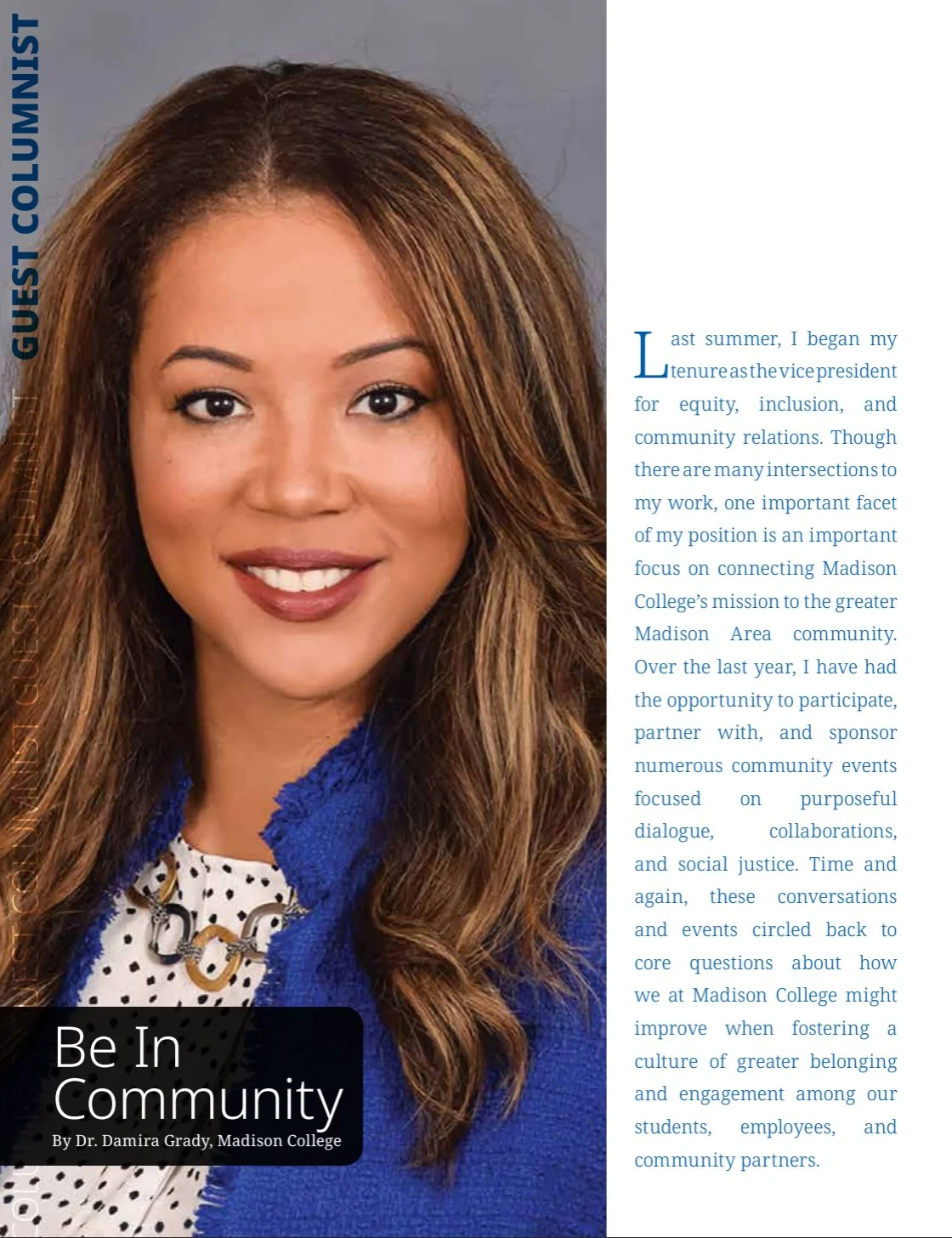 Portrait of Dr. Damira Grady, Madison College, with a decorated blue blazer and a polka dot blouse, smiling against a gray background.