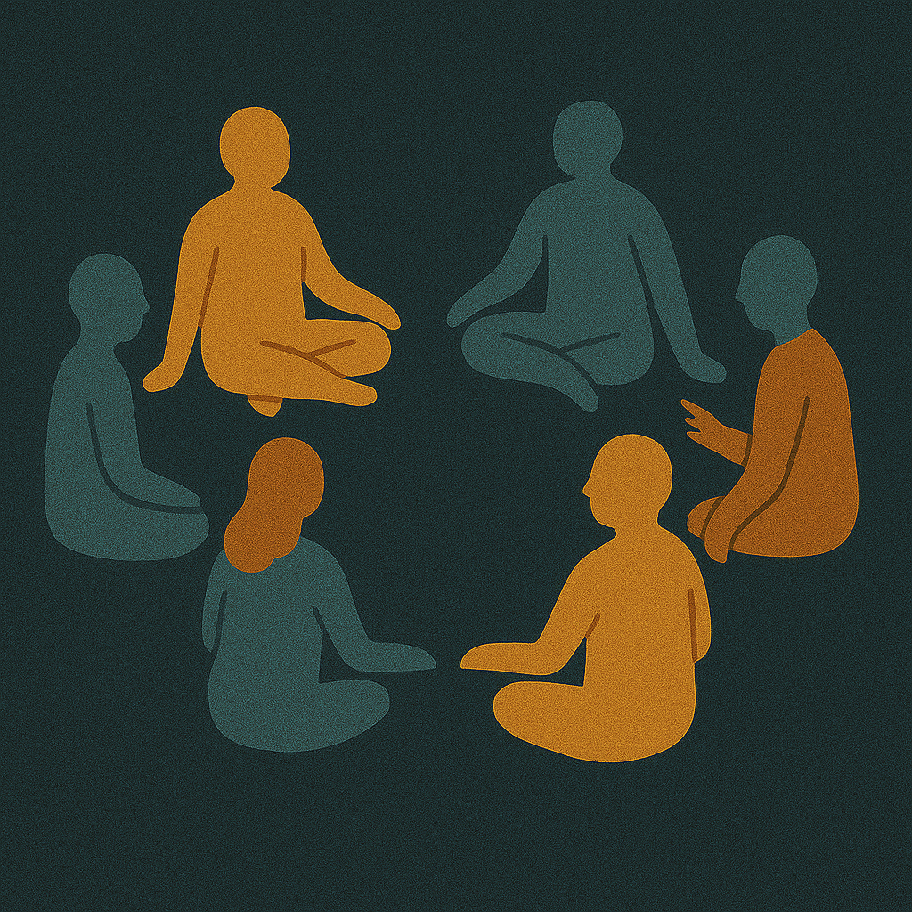Silhouettes of six people seated in a circle, engaged in a group meditation or discussion, with some figures in orange and others in blue against a dark background.