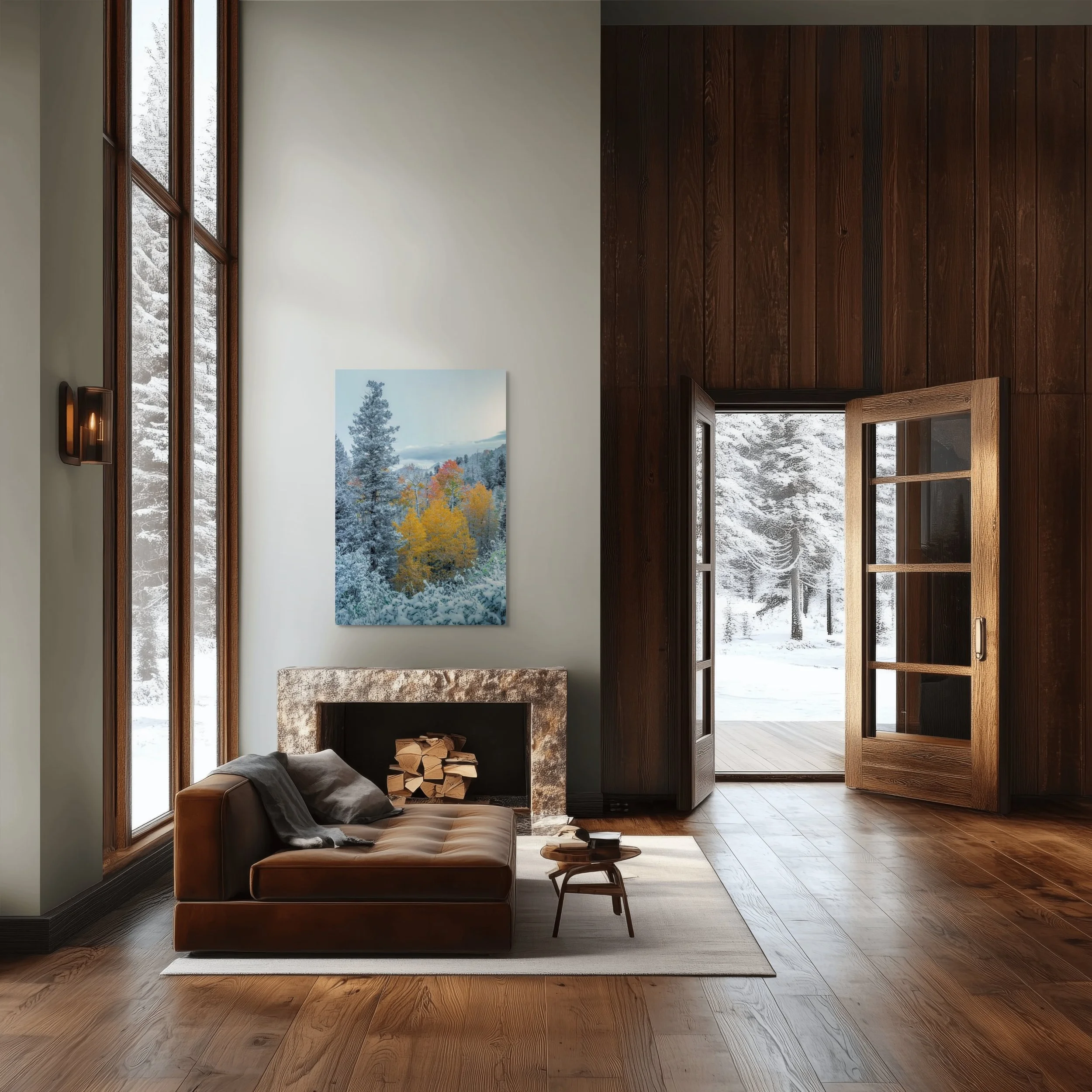 Interior of a cozy living room with a leather sofa, small wooden side table, and a fireplace with firewood inside. Large windows show a snowy landscape outside. A painting of snow-covered trees hangs above the fireplace, and wooden floor and wall acc