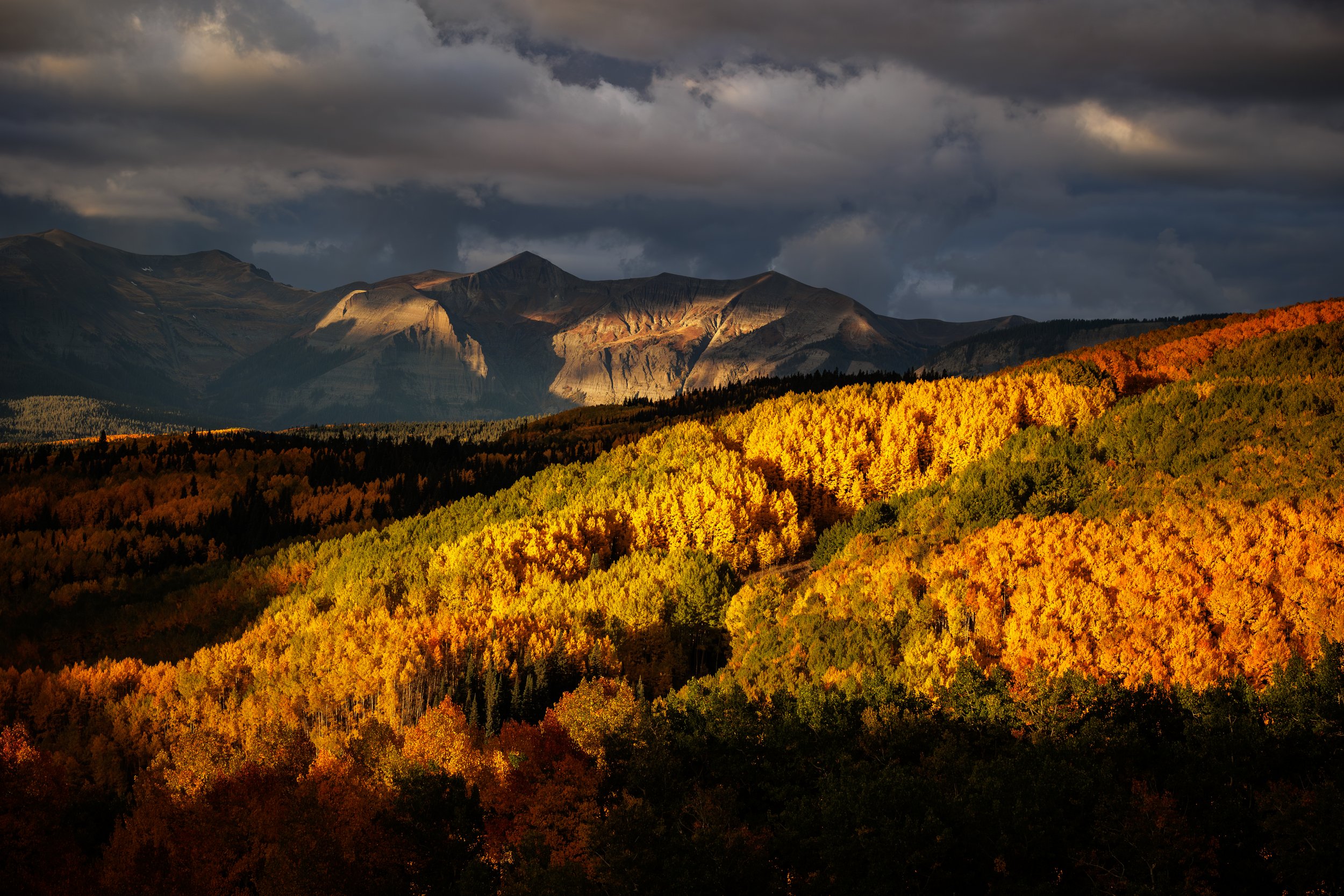 Scenic view of autumn forest with brightly colored trees in yellow, orange, and red, under dark stormy clouds with mountains in the background.