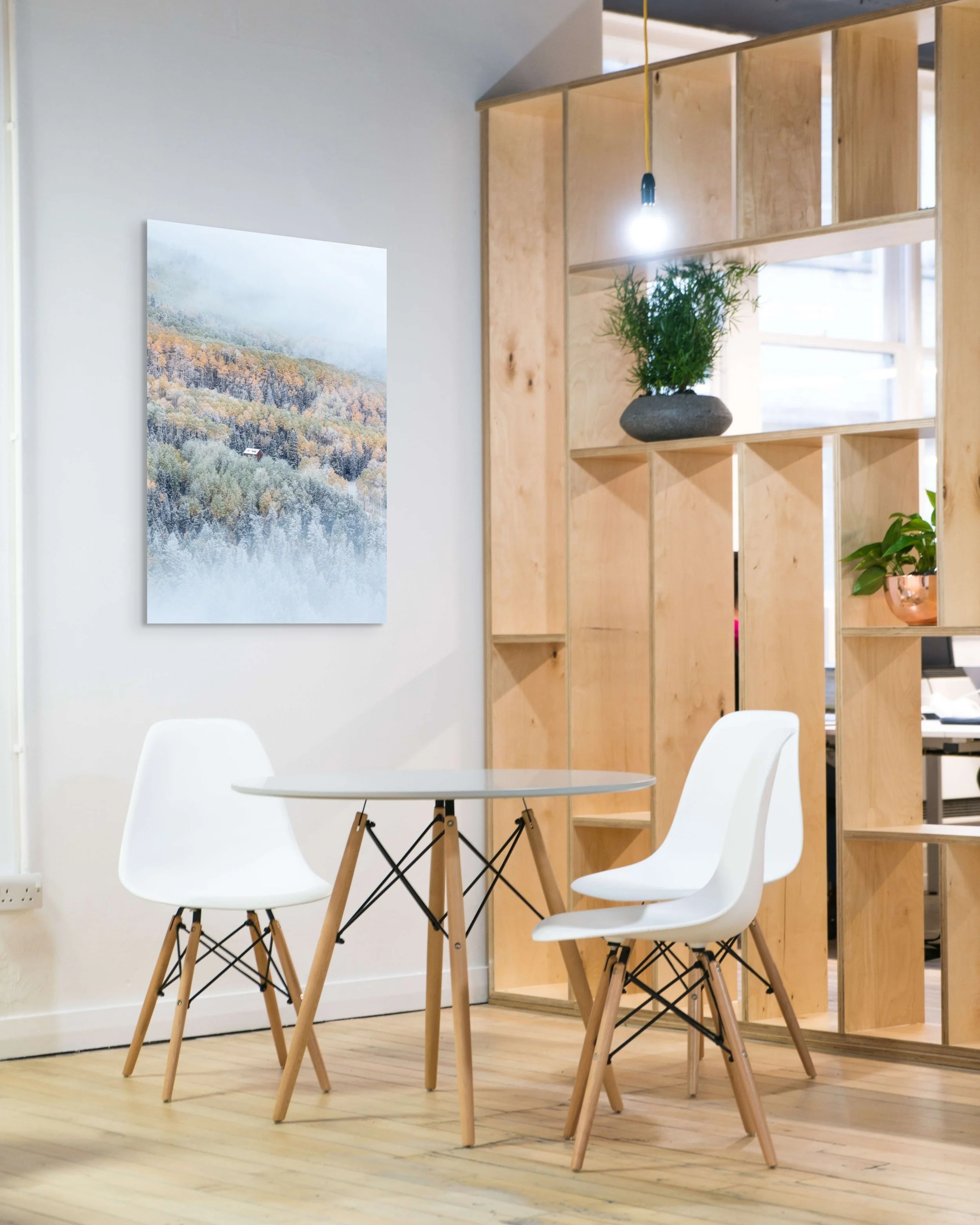 Modern dining area with white chairs, a round table, and wooden shelving with plants, a landscape painting on the wall, and natural light from windows.