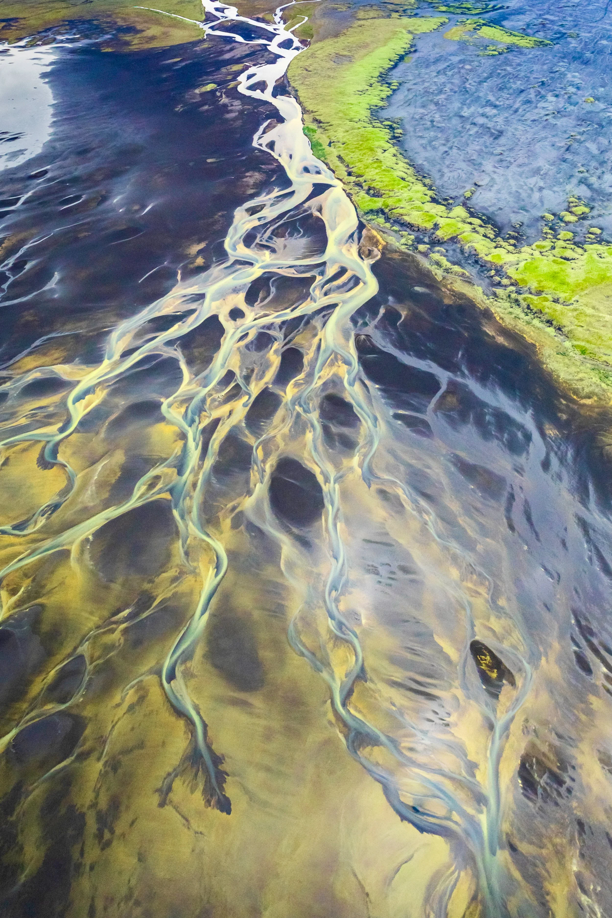 Aerial view of a glacial river in Iceland, milky white and blue water branching across dark volcanic land.