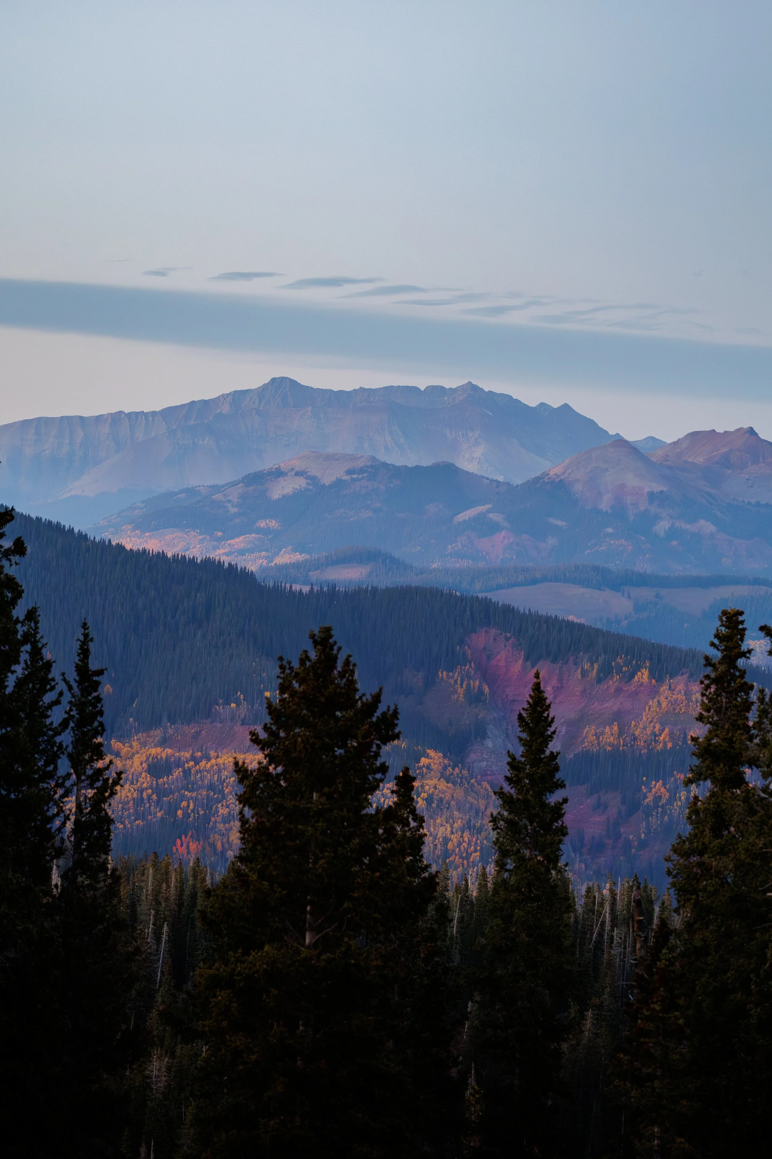 Scenic view of layered mountain ranges with evergreen trees in the foreground and a cloudy sky above.
