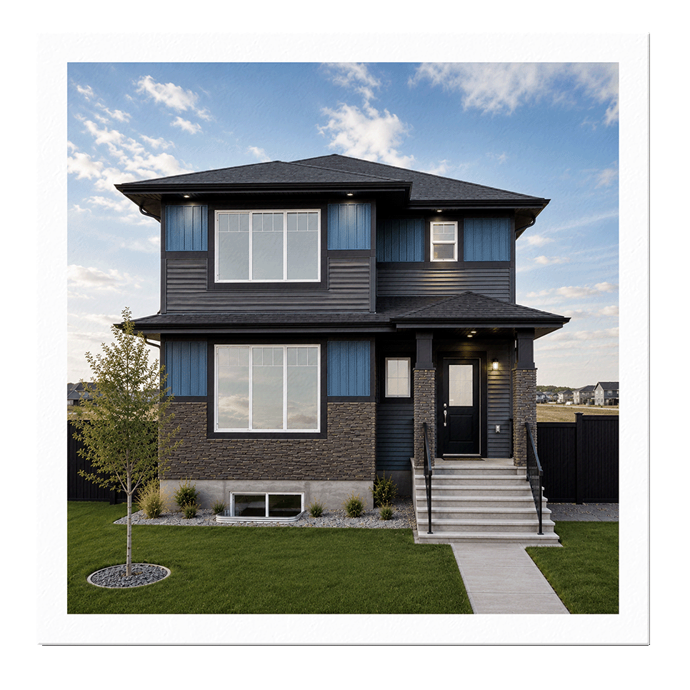 Modern two-story house with black and blue exterior, stone accents, front steps, and a small front yard with a tree.