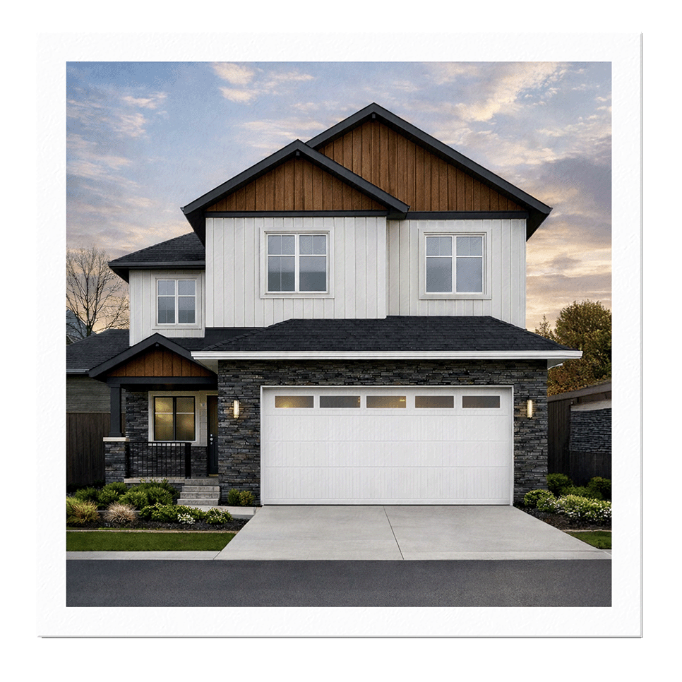 Modern two-story house with a stone and white siding exterior, black roof, and a white garage door, with a small front porch and landscaped yard.
