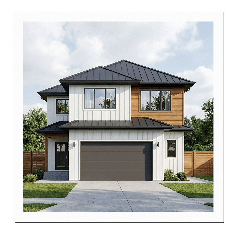Modern two-story house with a gray garage door, white and wood siding, black metal roof, and large windows, surrounded by a green lawn and wooden fence.