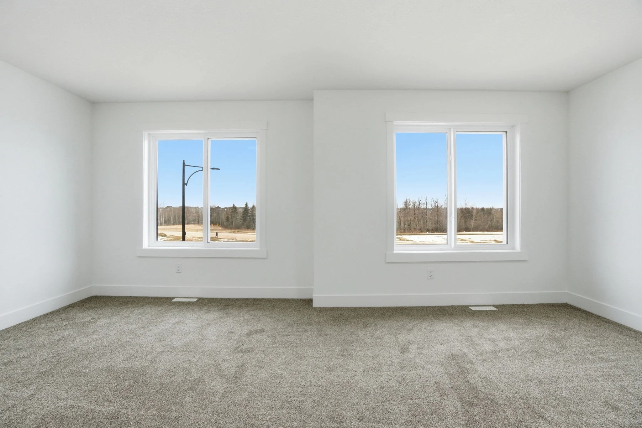 Empty room with white walls, two windows showing an outdoor view with trees and a streetlamp, and a gray carpeted floor.