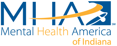 Logo of Mental Health America of Indiana with the initials MHA in blue, a stylized swoosh, and a figure reaching upward.