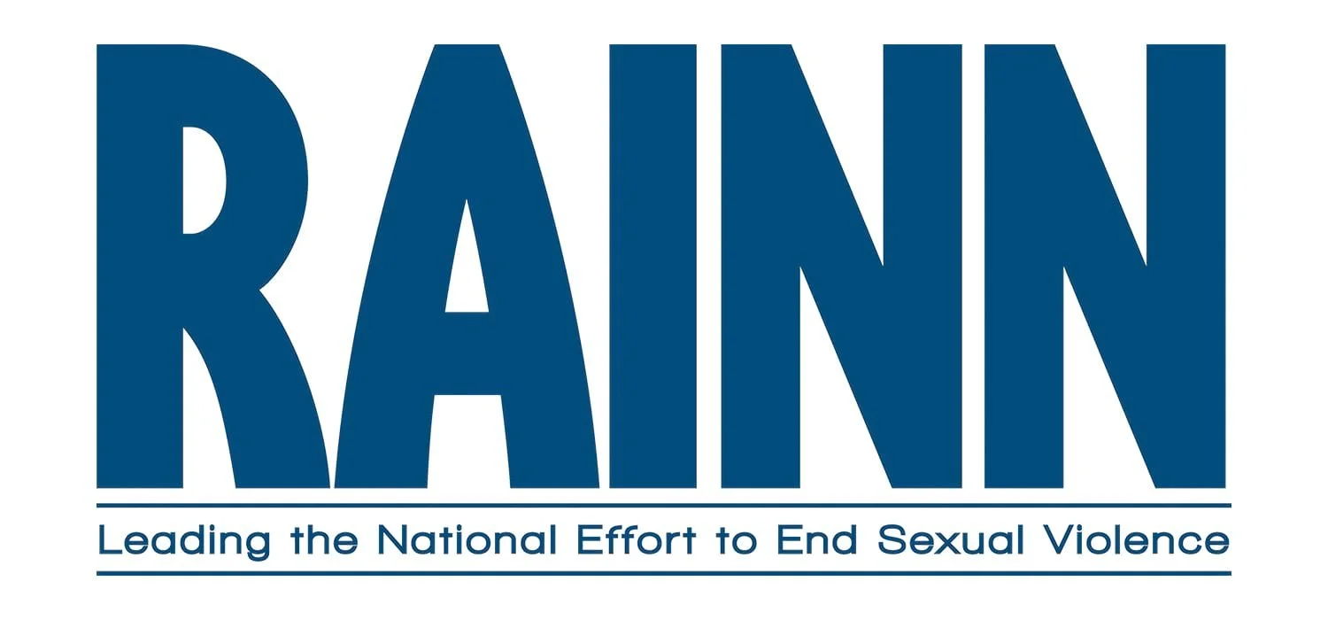 Logo featuring the word 'RAINN' in large, bold, dark blue letters with the tagline 'Leading the National Effort to End Sexual Violence' below it.