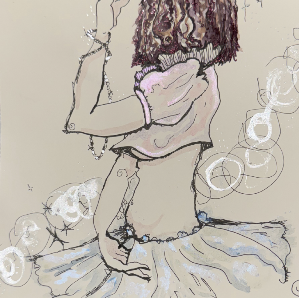 Digital sketch of a girl with short hair in a ballet tutu, holding a string of beads, surrounded by white and silver abstract circles and sparkles.