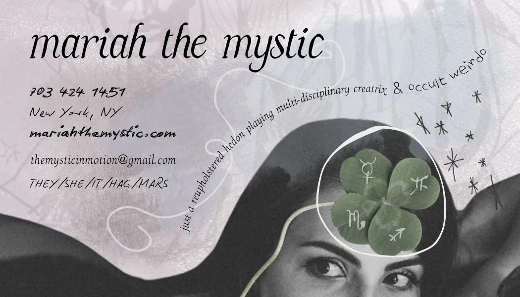 Business card for Mariah the Mystic featuring a black and white photo of a woman, four-leaf clover with zodiac symbols, contact info, and playful handwritten text.