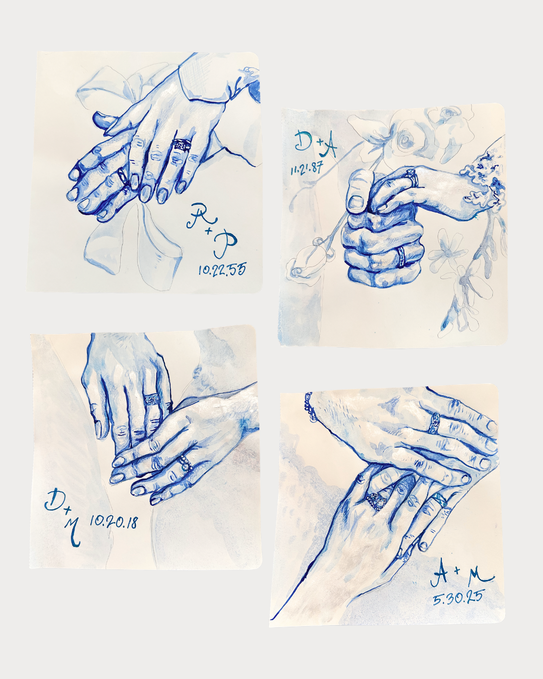 Four sketches of hands with wedding rings, each with inscriptions and dates, decorated with various floral elements.