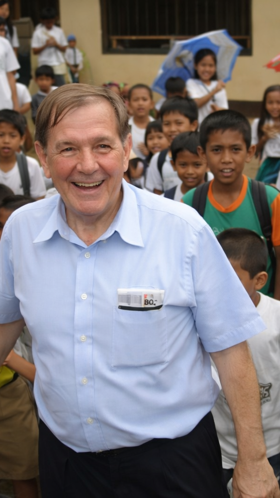 A smiling man in a light blue shirt surrounded by schoolchildren, some holding umbrellas outdoors.