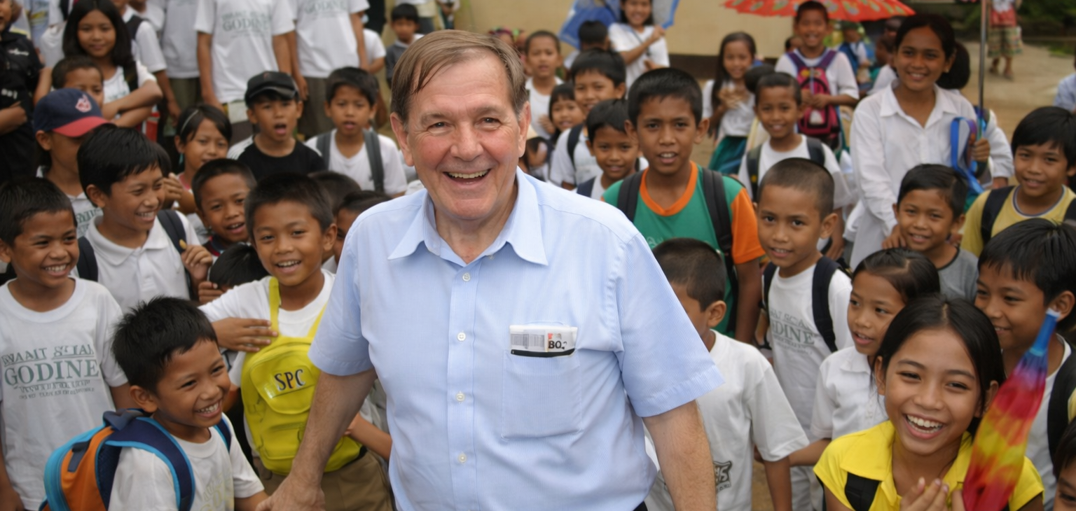 A smiling man in a light blue shirt standing among a group of children with backpacks, outdoors.