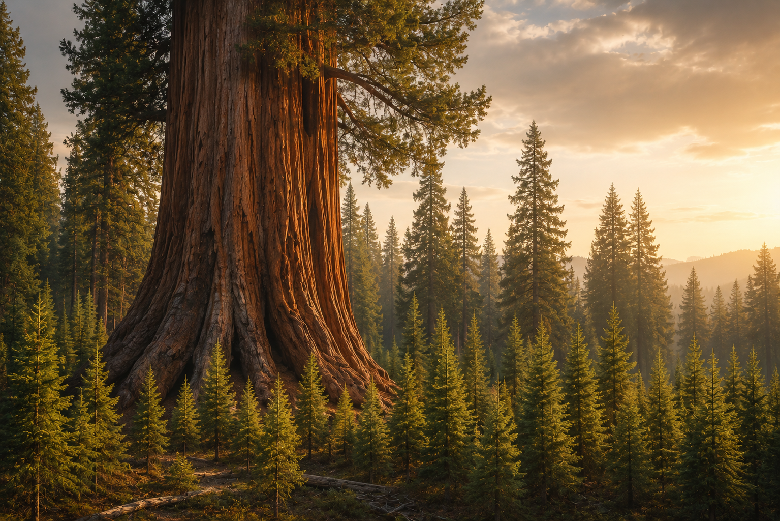 Thriving smaller trees amongst redwood tree
