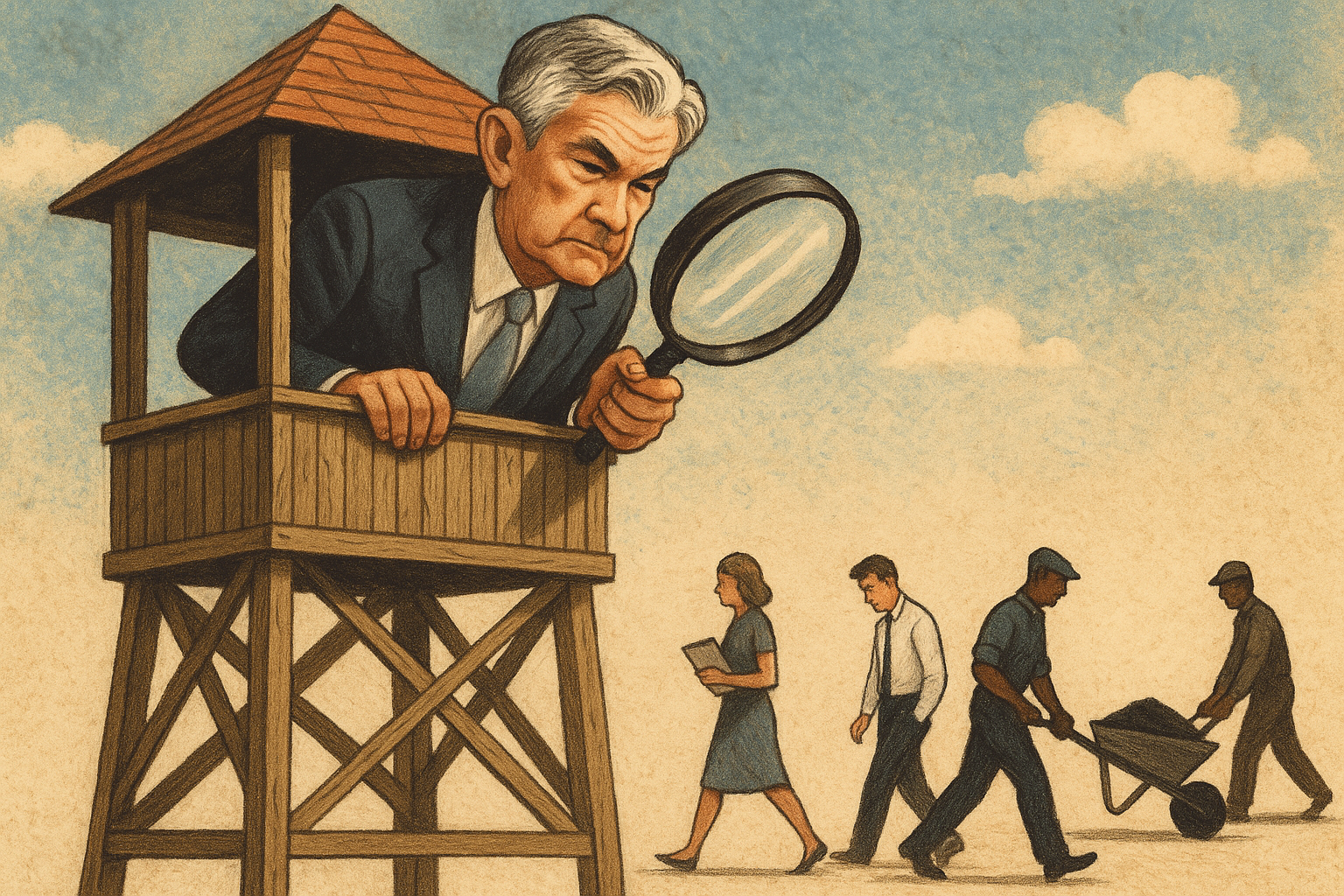 Fed Chairman Jerome Powell looking from clocktower with magnifying lens on workers below