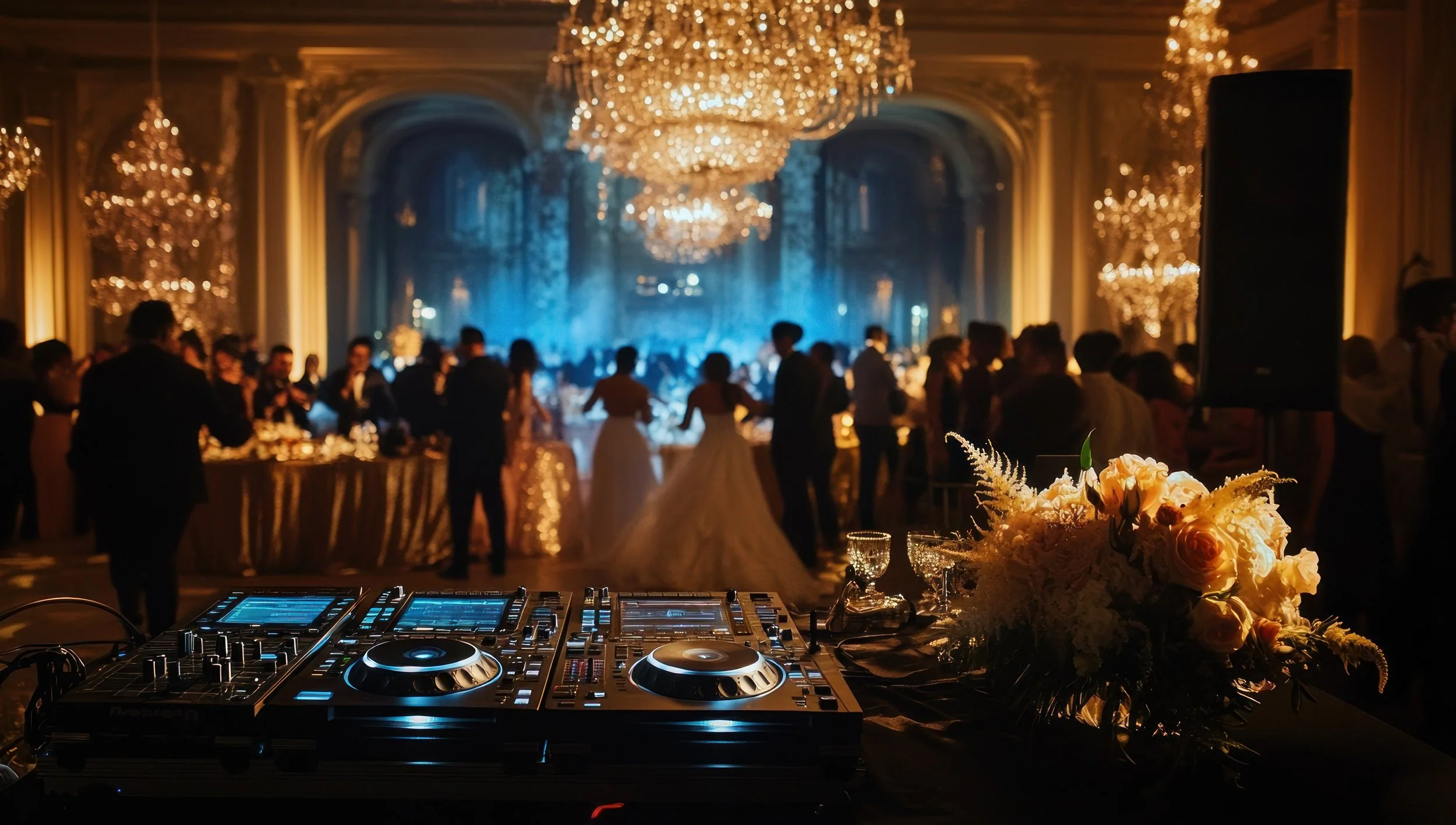 A DJ setup with turntables and a flower arrangement in the foreground, with a ballroom filled with dancing guests, chandeliers, and blue lighting in the background.